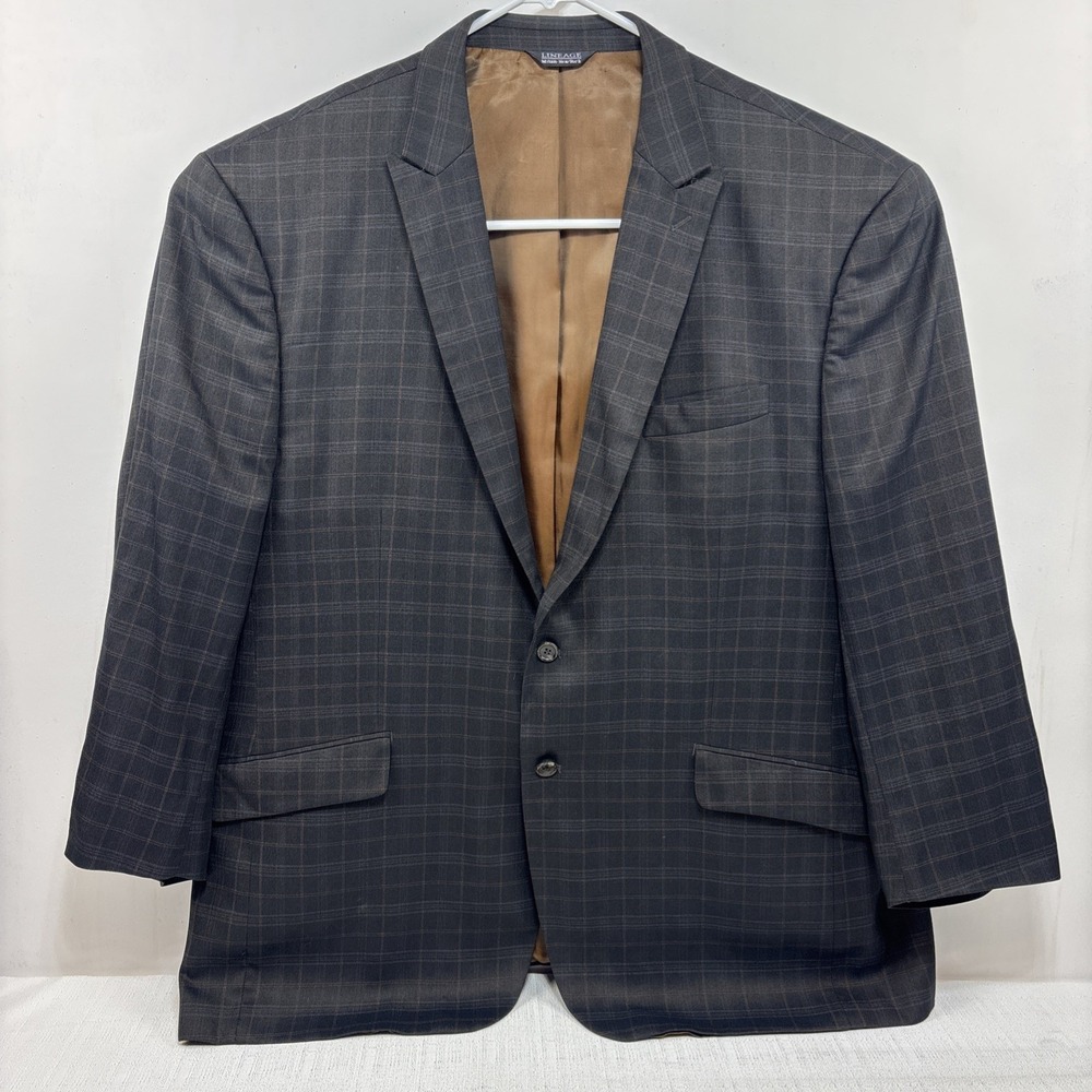 Lineage Men's Plaid Blazer Size 54R Gray Brown‎ Blue Check Pattern Suit Jacket